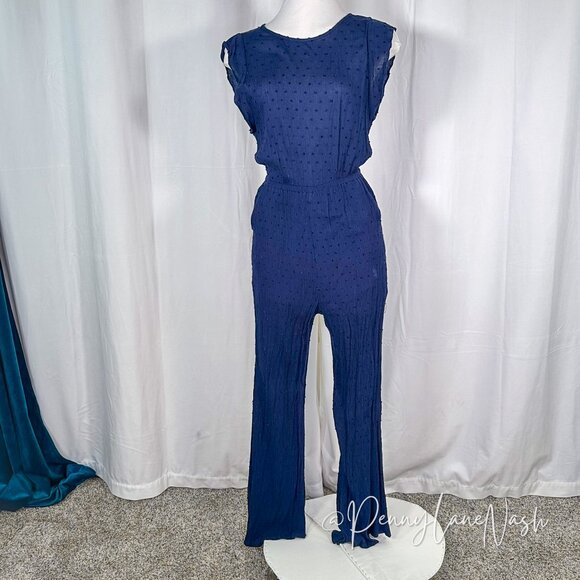 Style Rack Pants - Style Rack Ruffle Sleeve Wide Leg Jumpsuit Blue